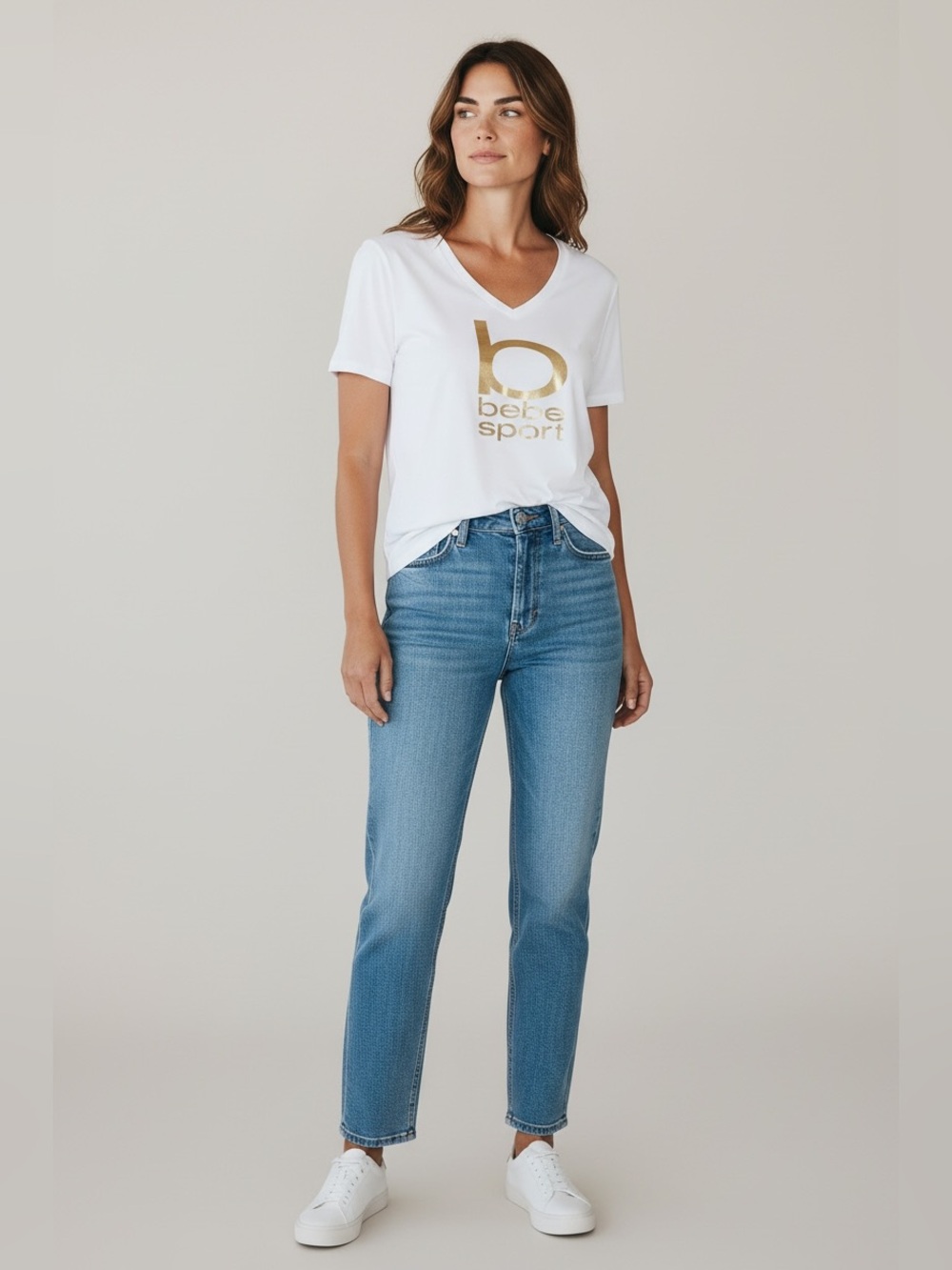 BEBE Sport V-Neck Logo White T-Shirt Size XL NWT